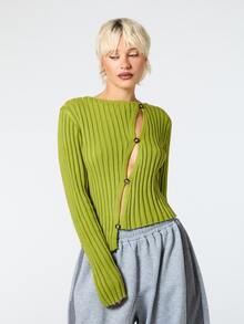 COUREZ Asymmetric  Front Rib Knit Top / Y2K Clothes Cute Tops For Women Autumn Winter Clothes For Women Fall Clothes For Women Sweater Streetwear Long Sleeve - Green - View 5