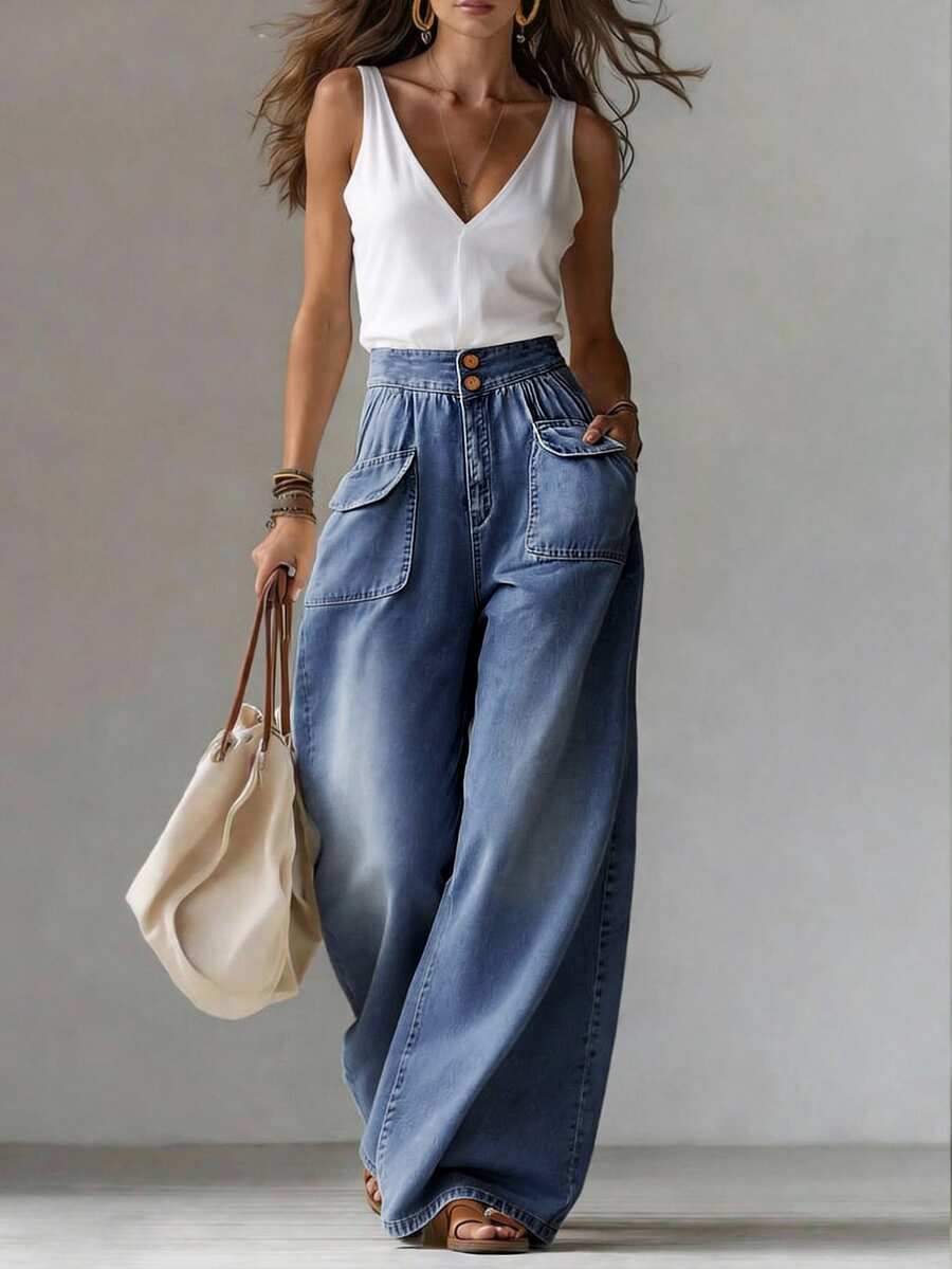 LUMIGAL Women's Cargo Pocket Wide Leg Loose Casual Denim Jeans - Dark Wash - View 1