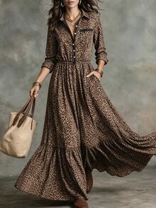 Glimmora Women's Spring Autumn French Vintage Leopard Print Casual Lazy Vacation Style Small Collar Long Sleeve Button Design Dress - Brown - View 7