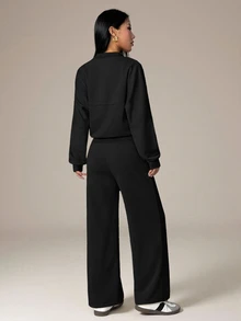 SHEIN PETITE 2pcs Women Casual Sports Jacket And High Waist Stretch Pants Set, Autumn And Winter - Black - View 3