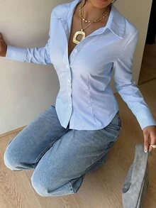 SHEIN EZwear 大尺碼女款秋冬條紋襯衫，背部抽繩設計，適合約會、度假、派對、日常外出、聚會、戶外活動 - 藍白色 - 查看 4