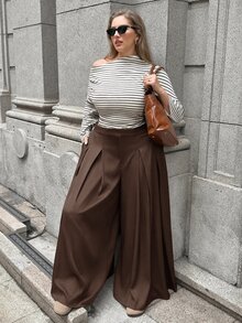 SHEIN EZwear 春夏純色百褶休閒大尺碼寬腿褲 - 巧克力棕 - 查看 5
