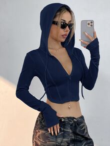 SHEIN EZwear Women's Casual Comfortable Autumn/Winter Navy Blue Cinched Waist Long Sleeve Thin Jacket - 藏蓝色 - 查看 1