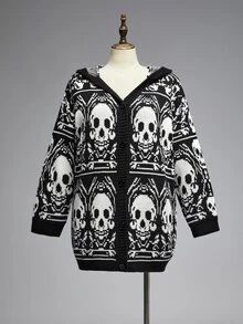 ROMWE Goth Vintage Casual Versatile Dark Skull Pattern Plus Size Knit Long Loose Cardigan - Black - View 3