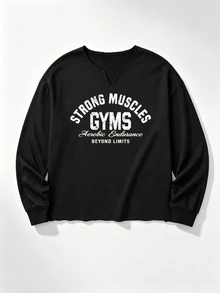 GymBeat Kaos Olahraga Kasual Lengan Panjang Leher V Berlekuk dengan Cetakan Huruf untuk Pria - Hitam - View 5