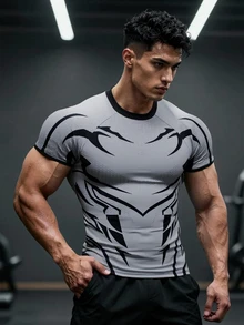 GymBeat Men's Tech Print Slim Fit Sports T-Shirt, Outdoor Gym Running Training Short Sleeve Tee - Grey - View 1