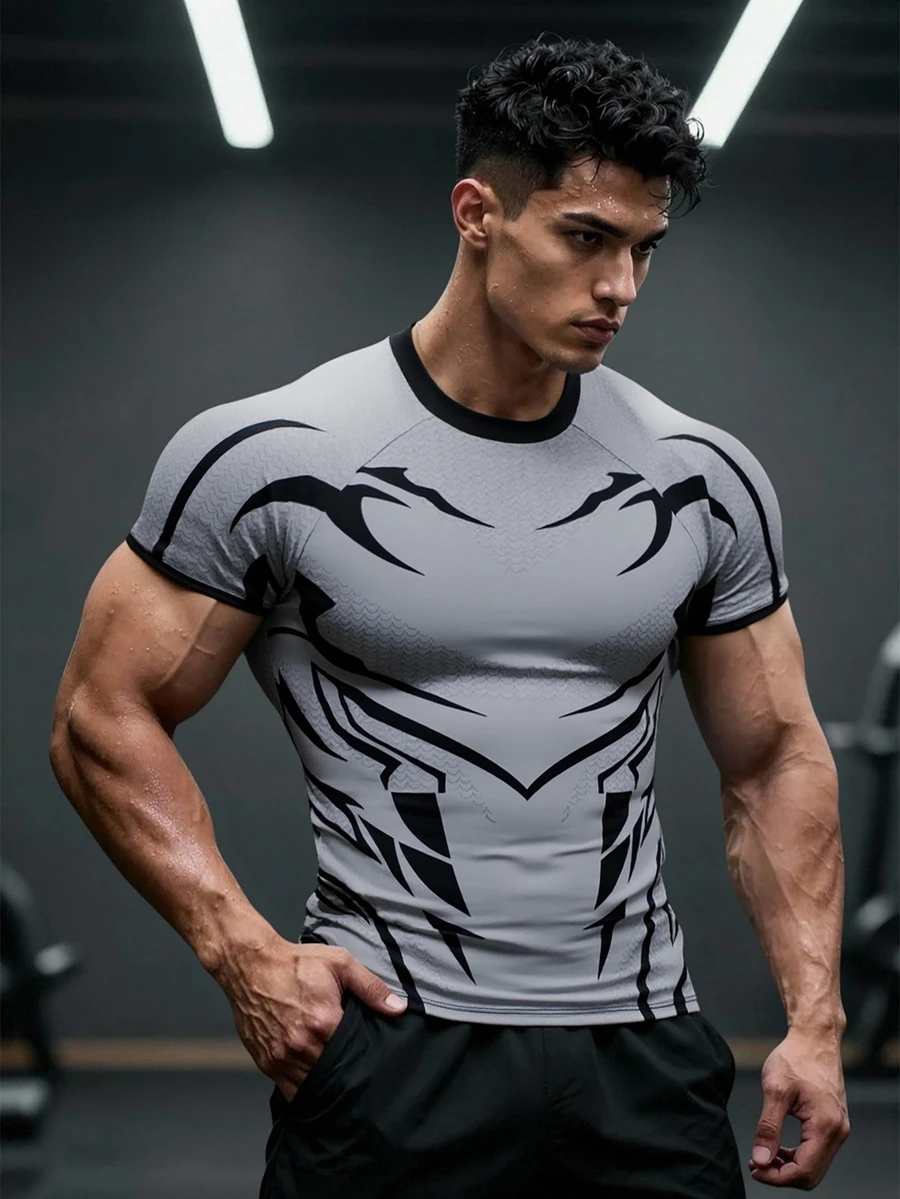 GymBeat Men's Tech Print Slim Fit Sports T-Shirt, Outdoor Gym Running Training Short Sleeve Tee - Grey - View 1