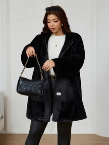 SHEIN Clasi 大尺碼女款抓絨長袖連帽拉鍊冬季外套 - 黑色 - 查看 7