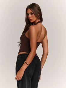 SHEIN BAE بودي نسائي ضيق برقبة هالتر مرنة باللون البني للخريف/الشتاء - بني - مشاهدة 2