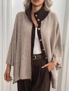 Sprig & Strand Women's Autumn New Single Piece High Neck Metal Button Loose Regular Fit Elegant Lady Girl French Style Graceful Date Daily Commute Versatile Fashion Knit Cardigan Sweater - Apricot - View 4