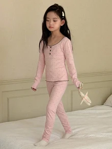 DAZY Tween Girl Button Half-Placket Long Sleeve Top And Polka Dot Print Pants Loungewear Set - Pink - View 2