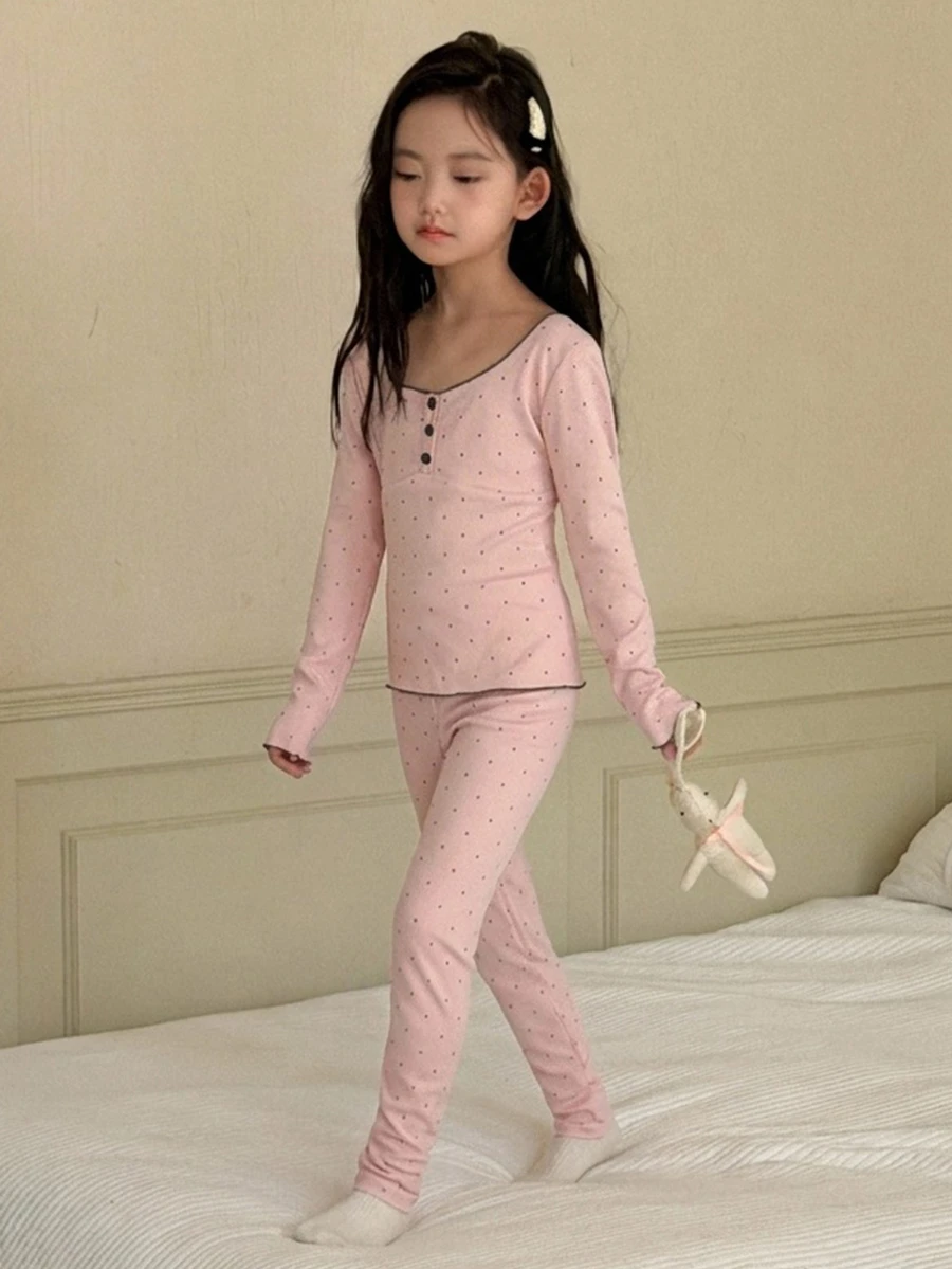 DAZY Tween Girl Button Half-Placket Long Sleeve Top And Polka Dot Print Pants Loungewear Set - Pink - View 1