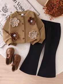 SHEIN Playful Pals 女嬰棕色長袖開襟外套大花飾裝與喇叭褲2件套，春秋/冬季休閒日常 - 卡其色 - 查看 6