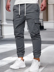Manfinity CasualCool 男士成熟休閒黑色多口袋工裝束口慢跑長褲 - 深灰色 - 查看 1