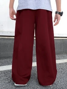 SHEIN 青少年男孩休閒日常舒適拼接彈性腰鬆直筒素色梭織運動長褲慢跑褲 - 酒紅色 - 查看 2