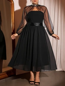 Cravure Plus Size Luxury Evening Party Sheer Mesh Patchwork High Waist Draped Long Dress - Black - View 6