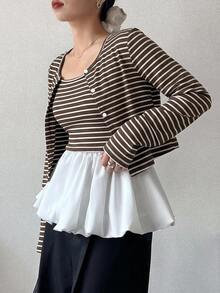 FRIFUL 女款條紋單排扣長袖上衣與花苞下擺細肩帶背心休閒兩件套 - 棕色 - 查看 4