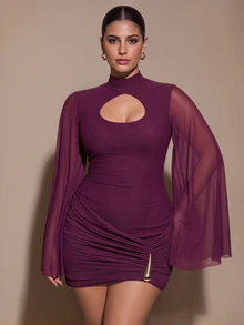 SHEIN BAE CURVE Plus Size Purple Burgundy Water Drop Neck Long Sleeve Fitted Bodycon Sexy Mini Dress, Suitable For Cocktail Party, Romantic Date, Party, Formal - Purple - View 3