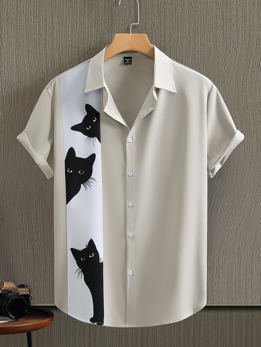 Manfinity Homme Herrskjorta med kort ärm, casual mode, kattmönster och patchwork - Multifärgad - Visa 1