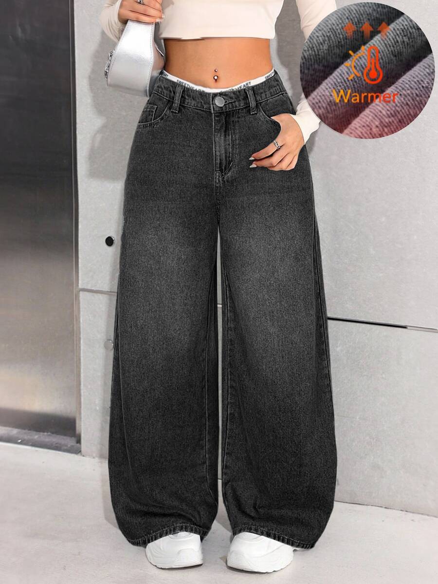 SHEIN 青少年女孩秋冬基礎款藍色牛仔刷毛內裡寬鬆長褲 - 黑色 - 查看 1