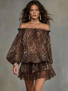 Solivie Women's Autumn Off-Shoulder Leopard Print Short Dress Coffee Color - Coffee - View 5