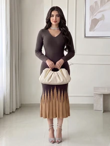 Feyla V-Neck Long Sleeve Geometric Pattern Pleated Dress - Coffee Brown - View 6