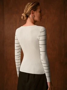 MOTF PREMIUM WOMEN'S ELEGANT STRIPED COLORBLOCK LONG SLEEVE SWEATER, AUTUMN/WINTER - Black and White - View 4