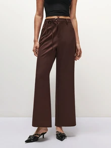 SHEIN TRNDY 2000s Style Women's Autumn/Winter Elegant Waist Bow Decor Commute & Casual Long Pants - Coffee Brown - View 4