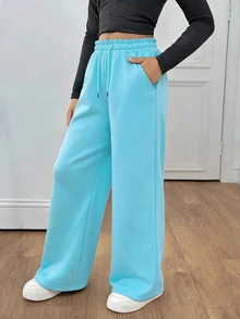SHEIN Tween Girl) Casual All-Match Versatile Streetwear Pocket Loose Wide Leg Elastic Waist Washed Snow Wash Sweatpants - Mint Blue - View 5