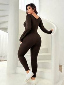 SHEIN EZwear 大尺碼秋冬保暖針織連身褲 - 巧克力棕 - 查看 2