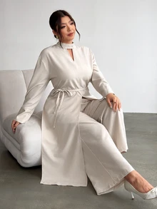 Firerie Apricot Extra Long Sleeve Small Stand Collar Top Straight Leg High Slit Waist Tie & Straight Leg Pants Plus Size Two Pieces Set/Elegant Teacher Workwe - Apricot - View 8