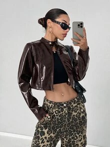 StreetHx 女款街頭風前拉鍊酒紅色短版夾克 - 巧克力棕 - 查看 5