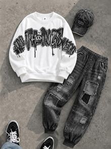 Boys (Big) Sweatshirt Set With Ribbed Collar, Cuffs And Hem, Body Printed With Large Black & White Graffiti Style 3D Letter Print, Letters With Frayed Edges And Black Paint Drip Effect, Paired With Smiling Face Pattern In The Middle, Bottoms Are Tapered Pants With Subtle Textured Pattern, Multiple Ripped Details, Ribbed Cuffs - Multicolor - View 5
