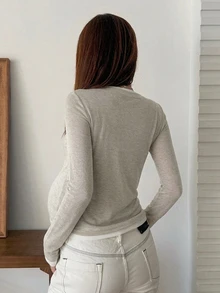 DAZY Patchwork Contrast Color Fitted Elastic Long Sleeve Base Layer Casual Daily Spring Autumn Maternity T-Shirt - Apricot - View 6