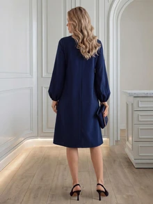 Medorina Women's French Fashion Lace Patchwork Long Sleeve Dress - Navy Blue - View 2