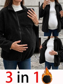 SHEIN Maternity 3-In-1 Casual Long Sleeve Stand Collar Side Zipper Removable Design Loose Black Fleece Jacket - Black - View 4