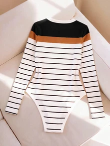 Resyla Women's Autumn/Winter New Hot-Selling Color Block Striped Pattern Slim Fit Versatile Bodysuit - Multicolor - View 3