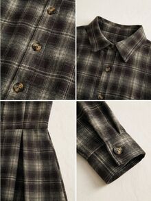 Écloséra Autumn/Winter Vintage Plaid Long Sleeve Pleated Hem Shirt Dress - Brown - View 6