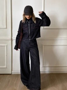 DAZY Women's Street Casual Contrast Stitching Denim Set - Dark Wash - View 5