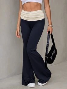 SHEIN Tall Contrast Color Folded Waist Flare Pants - Multicolor - View 5