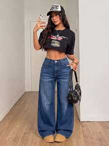 SHEIN PETITE 女款高腰寬鬆素色長版牛仔褲 - 深色水洗藍 - 查看 6