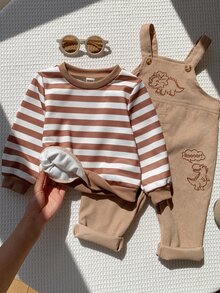 SHEIN 2件組男嬰秋冬條紋針織柔軟圓領短袖套頭上衣與恐龍刺繡吊帶短褲套裝 - 彩色 - 查看 7