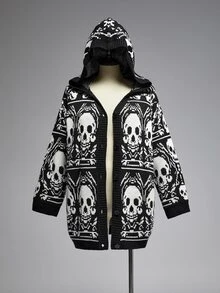 ROMWE Goth Vintage Casual Versatile Dark Skull Pattern Plus Size Knit Long Loose Cardigan - Black - View 1