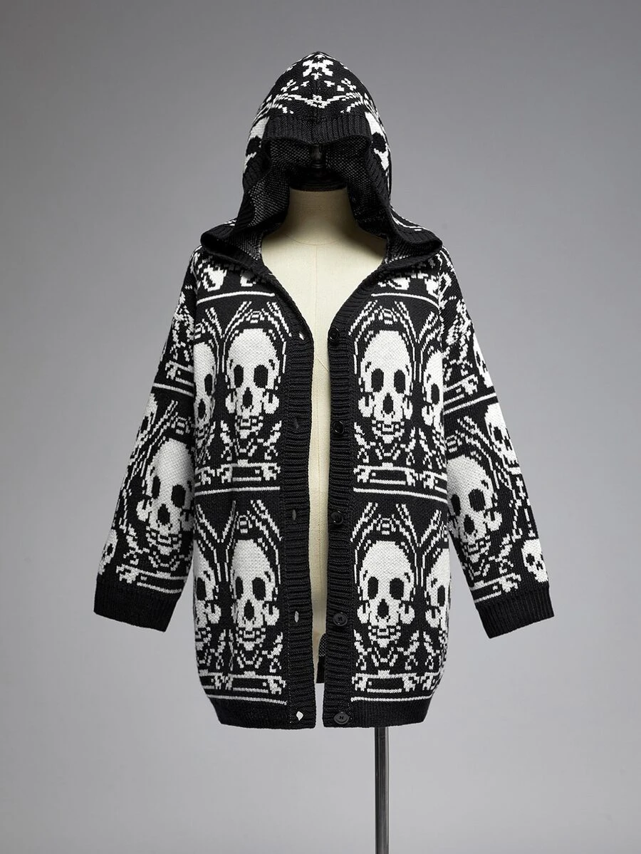 ROMWE Goth Vintage Casual Versatile Dark Skull Pattern Plus Size Knit Long Loose Cardigan - Black - View 1