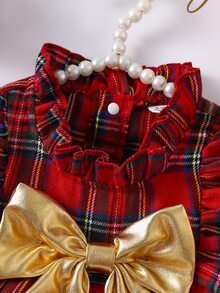 SHEIN Vintaside Kids 幼童女童聖誕格紋荷葉邊裙擺長袖蘇格蘭格子派對公主裙，附紅色格紋蝴蝶結，秋冬可愛復古風 - 紅色 - 查看 7