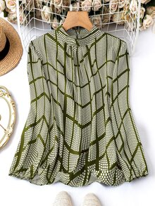 SHEIN 大尺碼女款波點圖案立領長袖優雅襯衫 - 軍綠色 - 查看 1