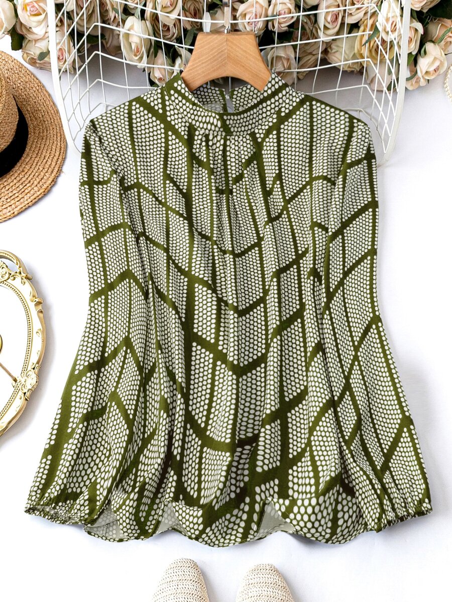 SHEIN 大尺碼女款波點圖案立領長袖優雅襯衫 - 軍綠色 - 查看 1
