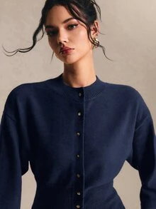 Poéselle 女款純色短袖開襟針織衫，適合約會、度假、派對、日常穿著、聚會、戶外活動 - 藏蓝色 - 查看 4