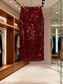 SHEIN Clasi Gold Large Sequin Slit Skirt Elegant Fashion Party - Burgundy - View 1