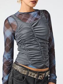 COUREZ DOUBLE LAYER MESH CHECK GATHERED TOP - Blue - View 7